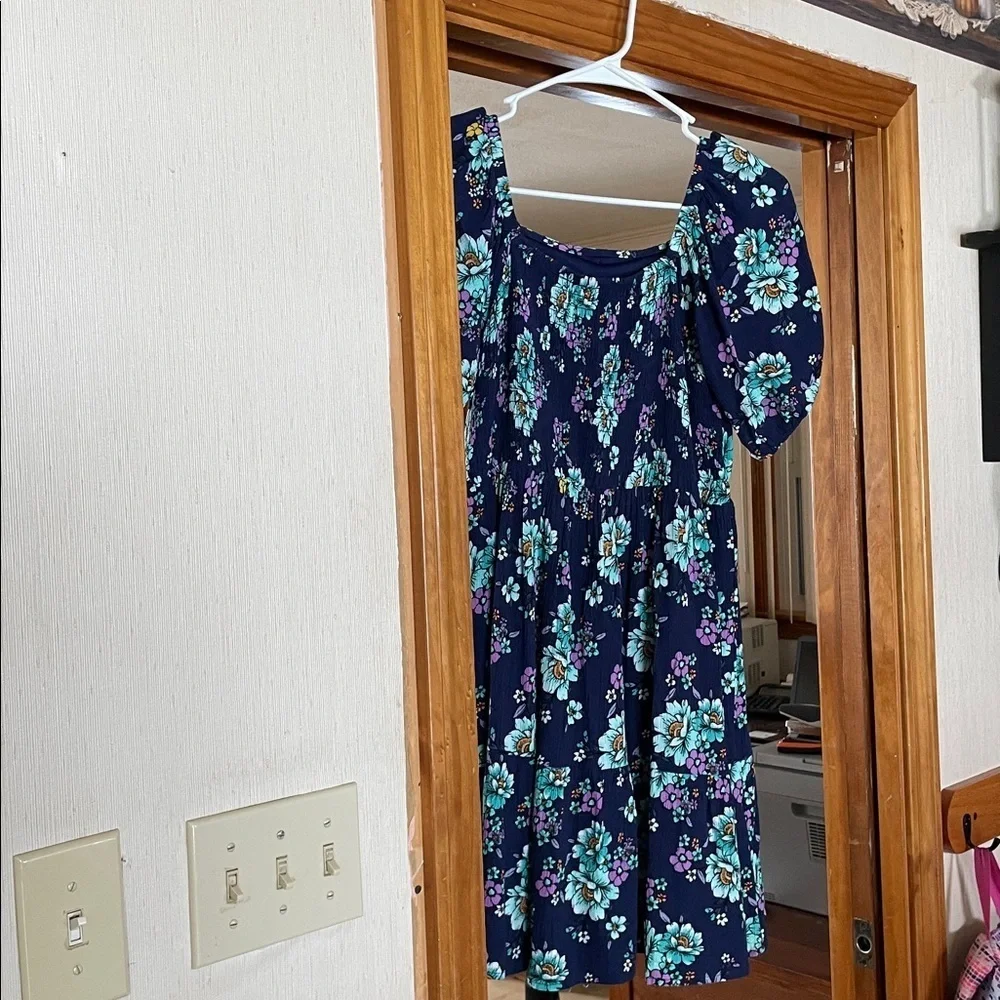 Justice Navy Floral Puff-Sleeve Dress with Aqua & Purple Flowers
